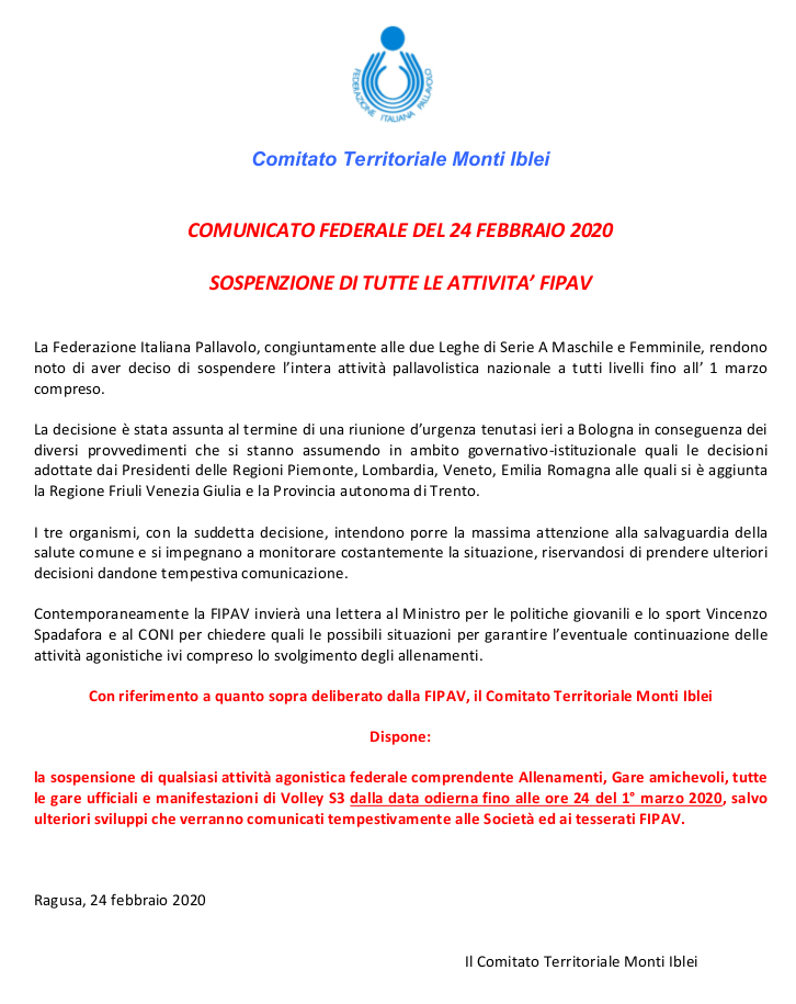 Comunicato Sospensione Attività Federale FIPAV
